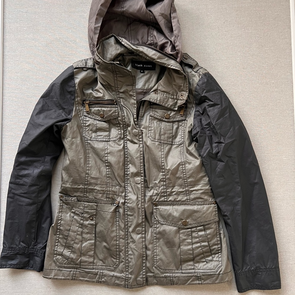 Black Rivet Shiny Silver Hooded Jacket